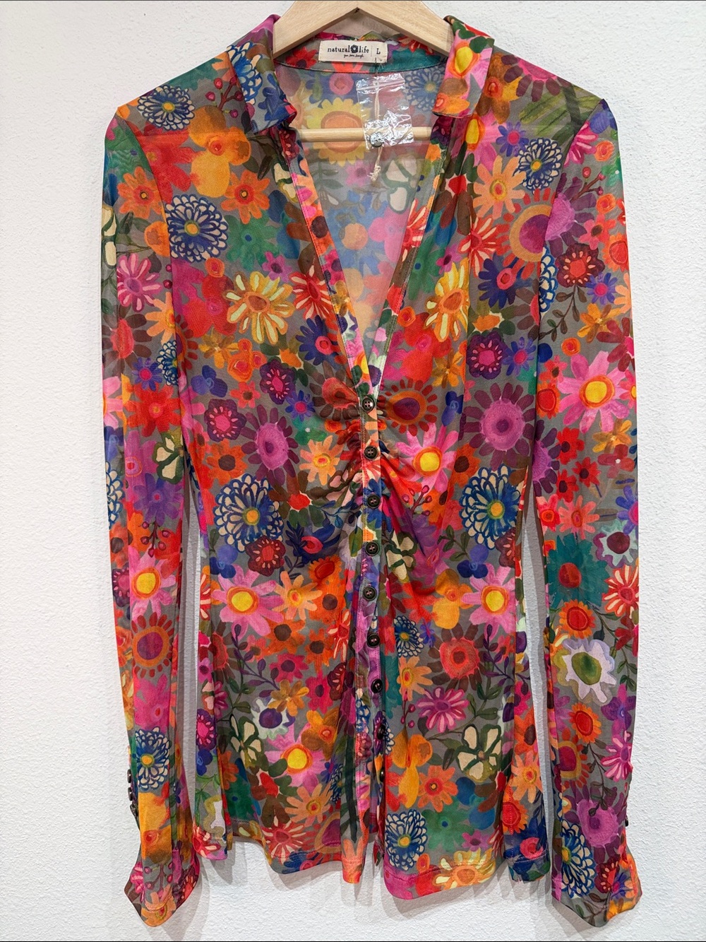 Natural Life Size L Colorful Floral Button Front Long Sleeve Boho Festival NWT - Picture 2 of 7